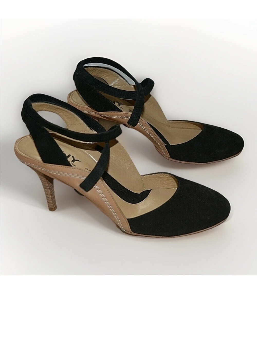 NIB Black Suede and Tan Leather Slingback Heels US 7